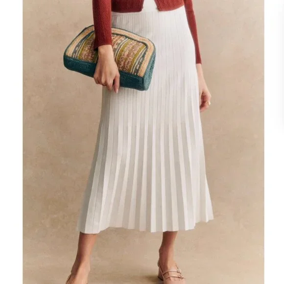 BEST Sezane Leonine Knit Midi Skirt Small Ecru Ivory Off White French Stretchy - Picture 2 of 11